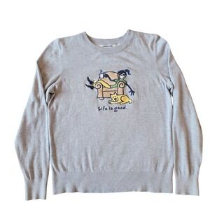 Life is Good Womens Small Sweater Gray Embroidered Dog Girl Relaxing WH51560-060